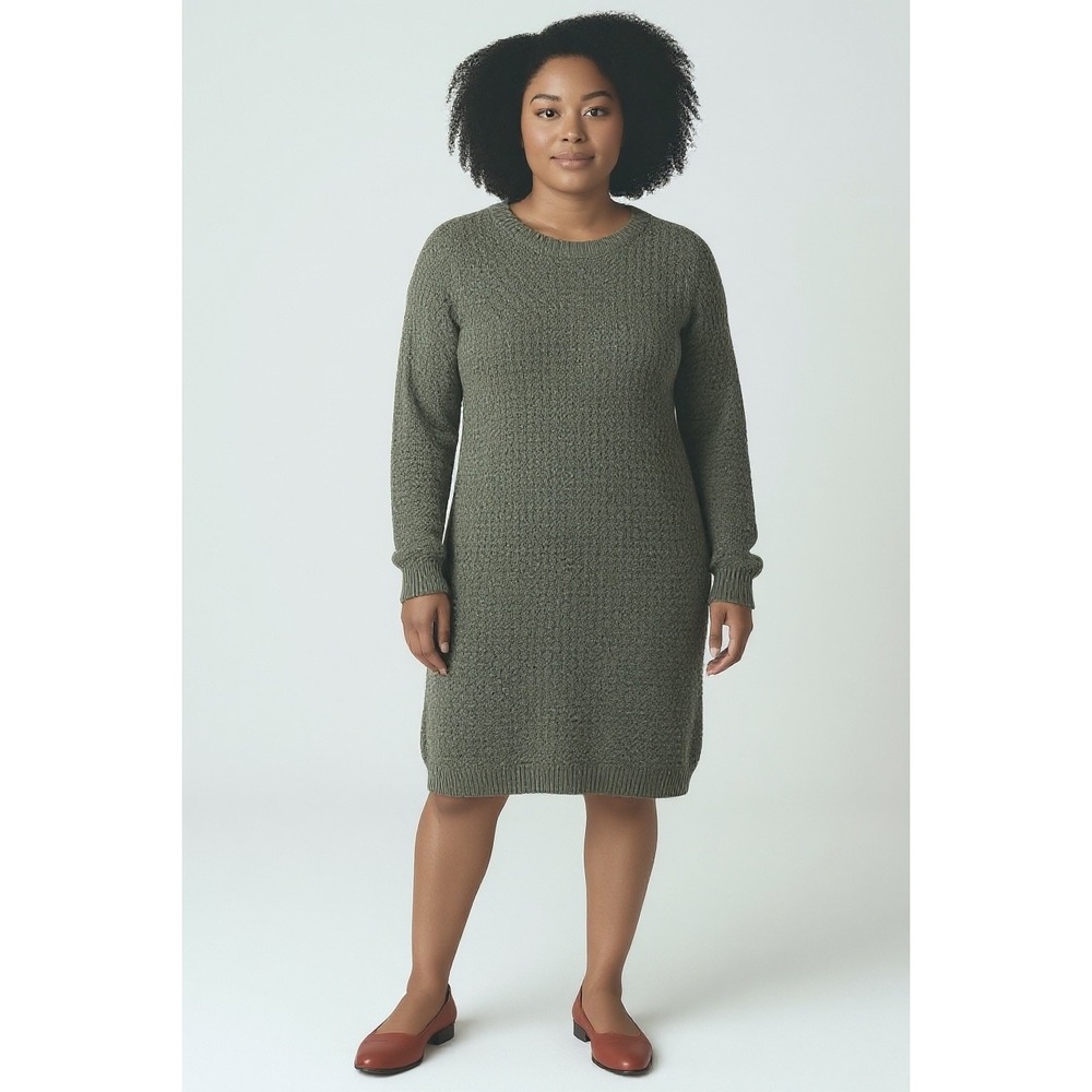 Umgee Sweater Dress Plus 1X Green Knit Long Sleeve Pullover Fall Winter Casual